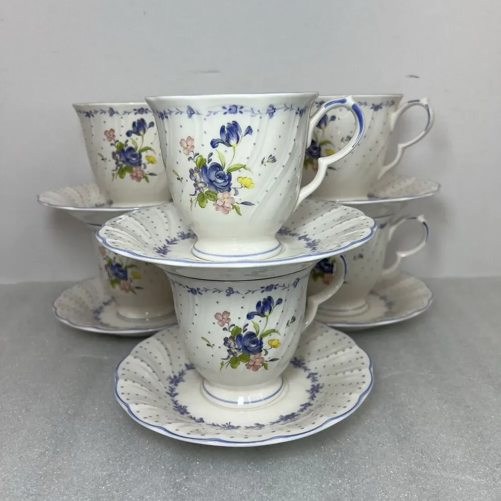 Vtg Nikko Blue Peony Tea Cup & Saucer 6 Sets Blue Floral Dot Cottagecore Japan